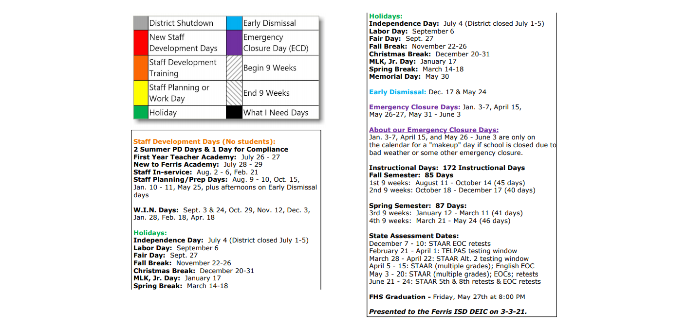 District School Academic Calendar Key for Ferris J H