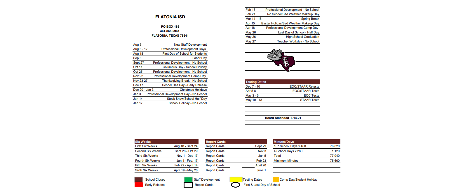 District School Academic Calendar Key for Flatonia Secondary