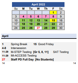 District School Academic Calendar for Northern Success Academy for April 2022