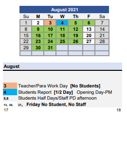 District School Academic Calendar for Pierce School for August 2021