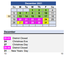 District School Academic Calendar for Freeman School for December 2021
