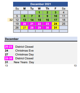 District School Academic Calendar for Civic Park School for December 2021