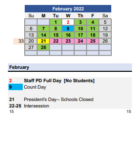 District School Academic Calendar for Genesee Area Skill Center for February 2022