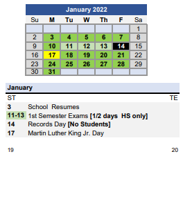 District School Academic Calendar for Pierce School for January 2022