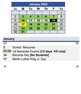 District School Academic Calendar for Mott Middle College High School for January 2022