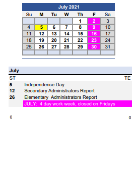District School Academic Calendar for Northern Success Academy for July 2021
