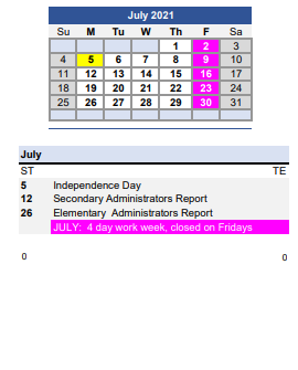 District School Academic Calendar for Central Commencement Academy for July 2021