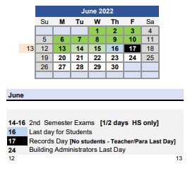 District School Academic Calendar for Pierce School for June 2022