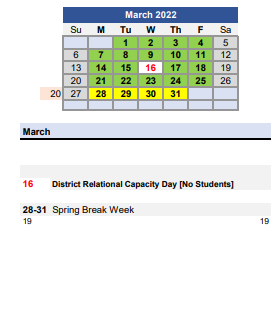District School Academic Calendar for Schools Of Choice for March 2022