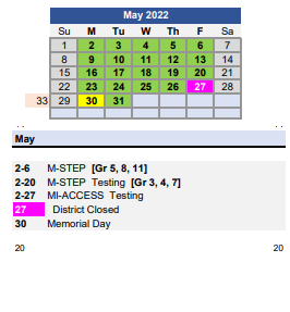 District School Academic Calendar for Wilkins School for May 2022