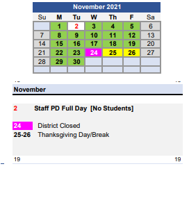 District School Academic Calendar for Manley Early Childhood Education Center for November 2021