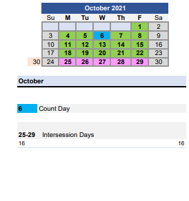 District School Academic Calendar for Schools Of Choice for October 2021