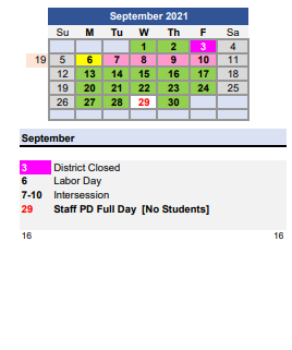 District School Academic Calendar for Brownell School for September 2021