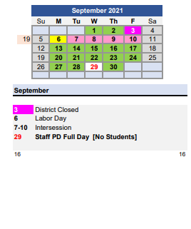 District School Academic Calendar for Dort School for September 2021