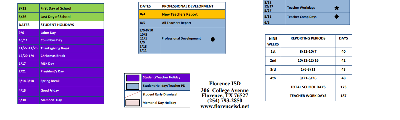 District School Academic Calendar Key for Florence J J A E P