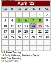 District School Academic Calendar for Early Childhood Ctr for April 2022