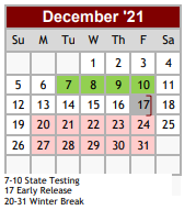 District School Academic Calendar for Early Childhood Ctr for December 2021