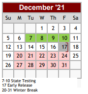 District School Academic Calendar for Wilson Co J J A E P for December 2021