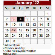 District School Academic Calendar for Wilson Co J J A E P for January 2022
