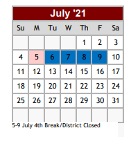 District School Academic Calendar for Early Childhood Ctr for July 2021