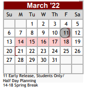 District School Academic Calendar for Early Childhood Ctr for March 2022