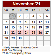 District School Academic Calendar for Floresville Middle for November 2021