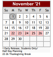 District School Academic Calendar for Wilson Co J J A E P for November 2021