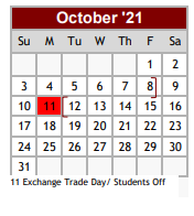District School Academic Calendar for Floresville Alter Ctr for October 2021