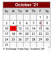 District School Academic Calendar for Early Childhood Ctr for October 2021