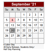 District School Academic Calendar for Floresville Alter Ctr for September 2021