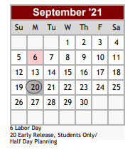 District School Academic Calendar for Early Childhood Ctr for September 2021