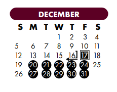 District School Academic Calendar for Early Childhood Center for December 2021