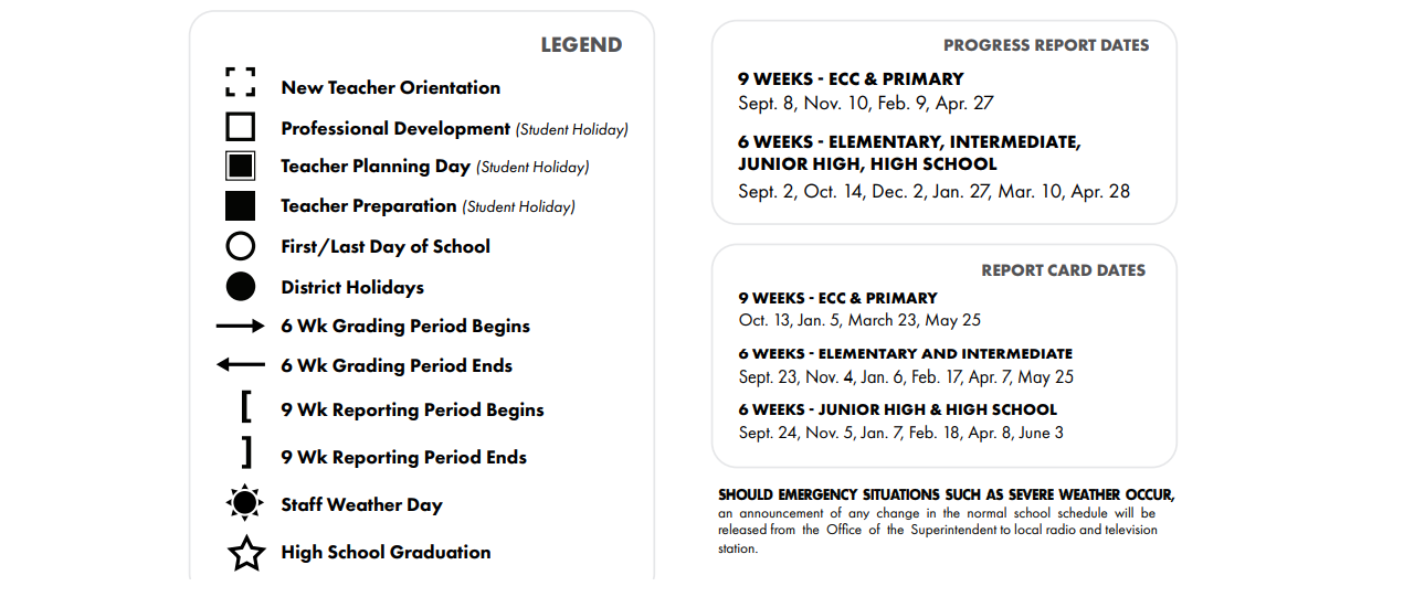 District School Academic Calendar Key for Early Childhood Center