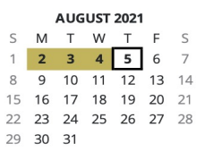 District School Academic Calendar for James D Adams Middle School for August 2021