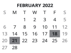 District School Academic Calendar for James A Duff Elementary School for February 2022