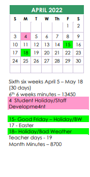 District School Academic Calendar for R C Andrews Elementary for April 2022