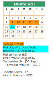 District School Academic Calendar for A B Duncan Elementary for August 2021