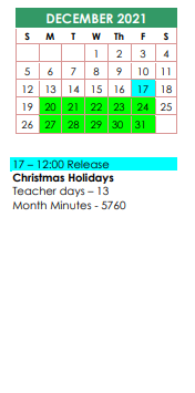 District School Academic Calendar for P A C for December 2021