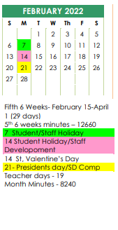 District School Academic Calendar for P A C for February 2022