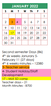District School Academic Calendar for Floydada Junior High for January 2022