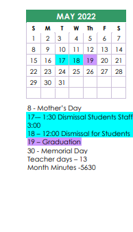 District School Academic Calendar for P A C for May 2022