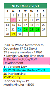 District School Academic Calendar for Floydada Junior High for November 2021