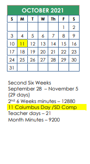 District School Academic Calendar for R C Andrews Elementary for October 2021