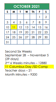 District School Academic Calendar for P A C for October 2021