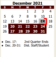 District School Academic Calendar for A E P for December 2021
