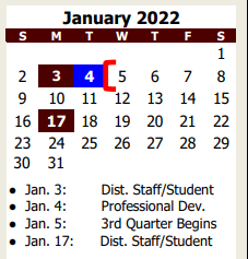 District School Academic Calendar for A E P for January 2022