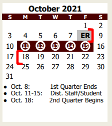 District School Academic Calendar for A E P for October 2021