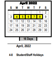 District School Academic Calendar for Griffith Alternative School for April 2022