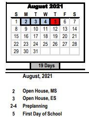 District School Academic Calendar for Speas Elementary for August 2021