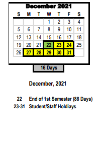 District School Academic Calendar for Griffith Alternative School for December 2021